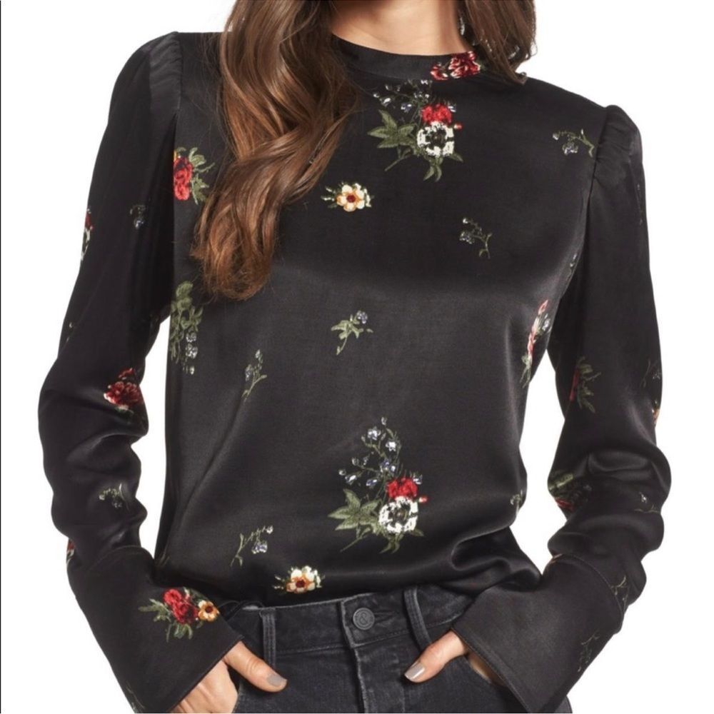 Treasure & Bond Women’s Satin Floral High Neck Puff Sleeve French Cuff Blouse S